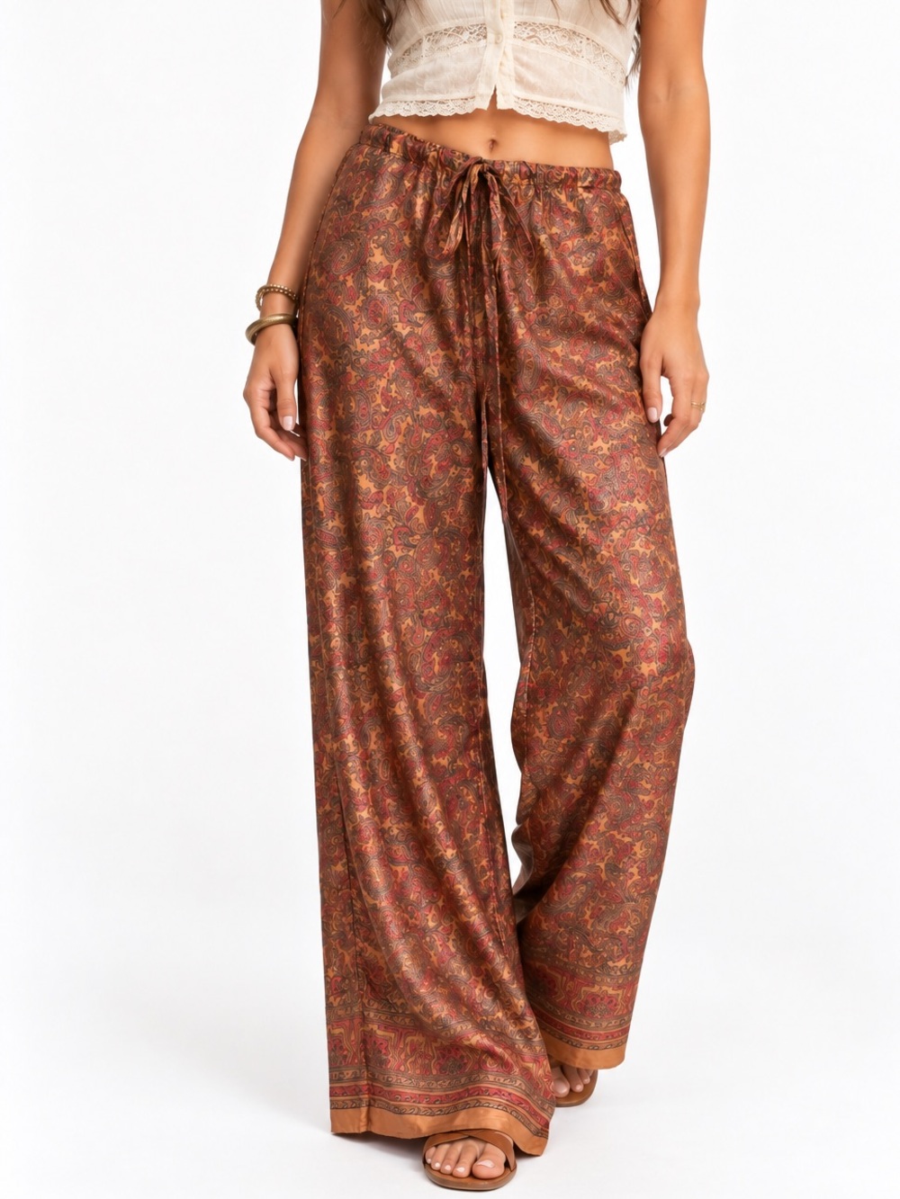 Vintage Paisley Print Satin-Like Wide Leg Pants Sz L